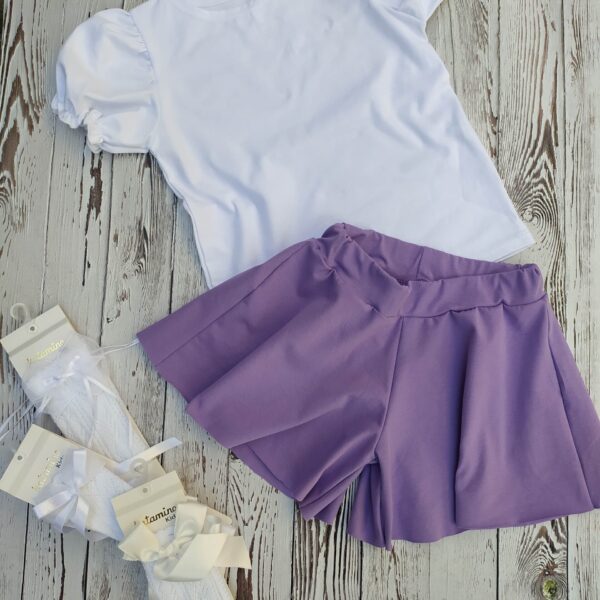 Rewelacyjny dwuczęściowy komplet: biała elegancka, bawełniana bluzeczka ze spódnico- spodenkami